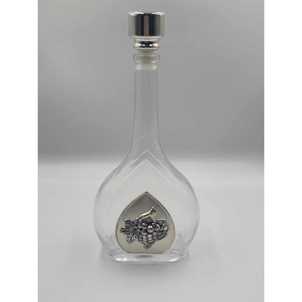 Studio Silversmiths Glass Wine Decanter with Silver Grape Medallion and Stopper
